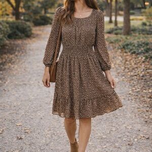 Boho Brown Floral Smocked Midi Dress Long Sleeve Medium Feminine Cottagecore